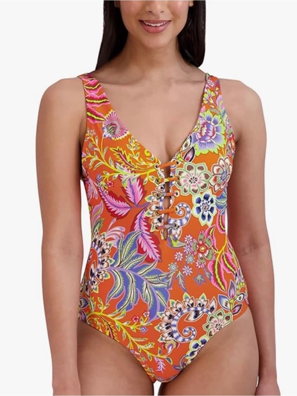 BCBGMAXAZRIA Tropical Resort Floral Bright Orange One Piece Swimsuit Size L NWT